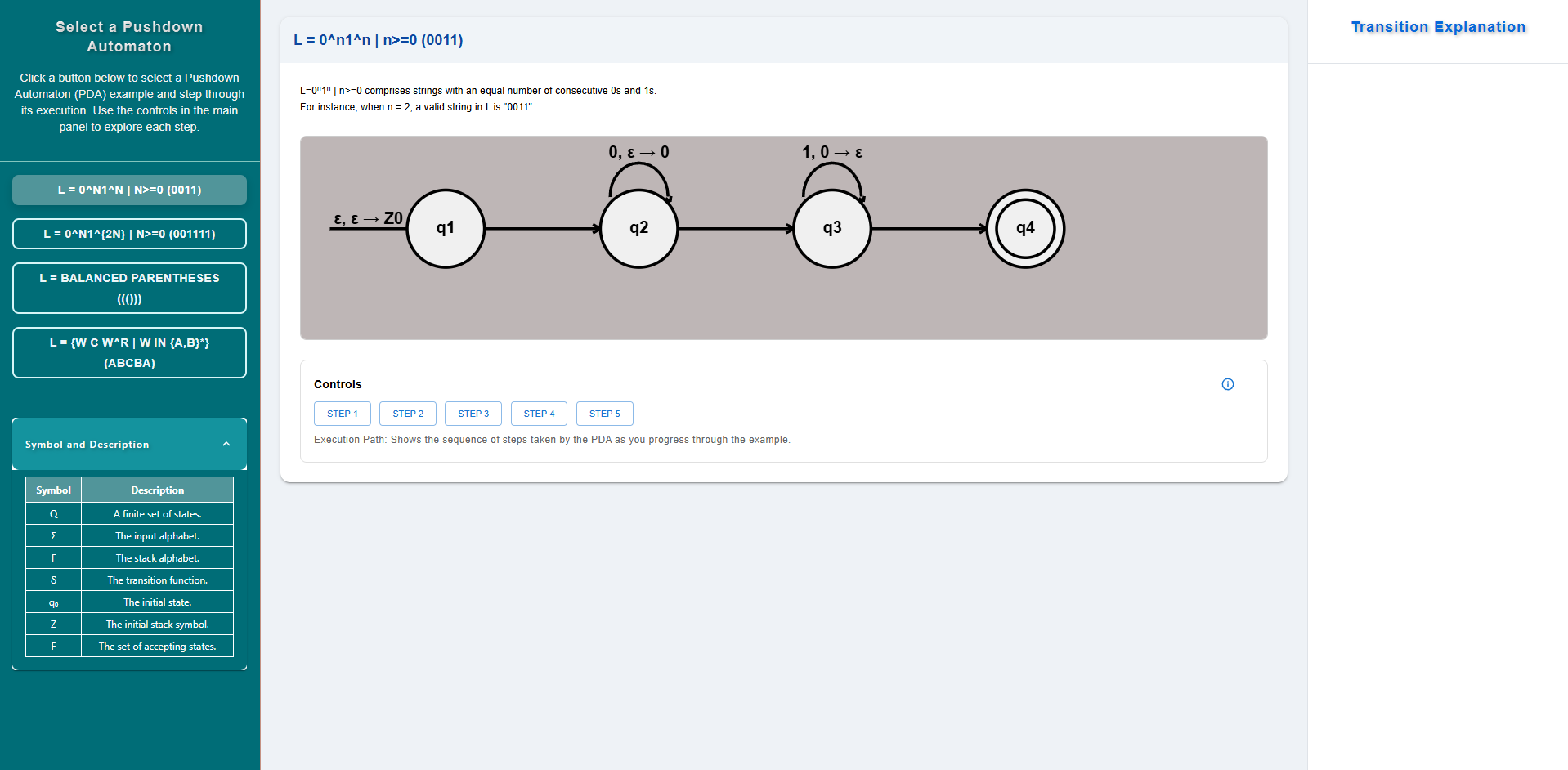 Step 2 — Select example and view automaton
